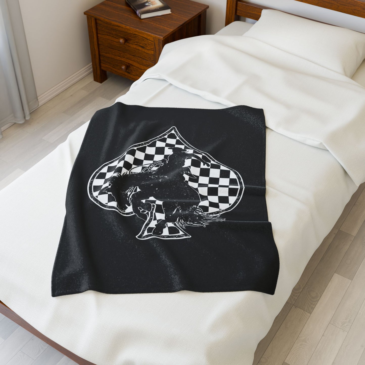 Cowboy on Spade Velveteen Plush Blanket — Western Rodeo Checkered Throw