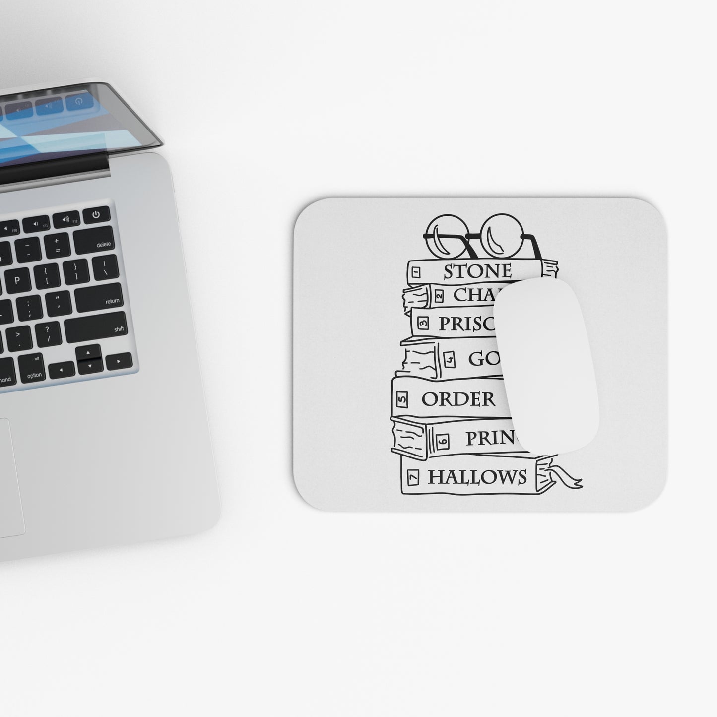 Fantasy Book Stack Mouse Pad — ‘Stone, Chamber, Prisoner…’ Wizard Novel Design