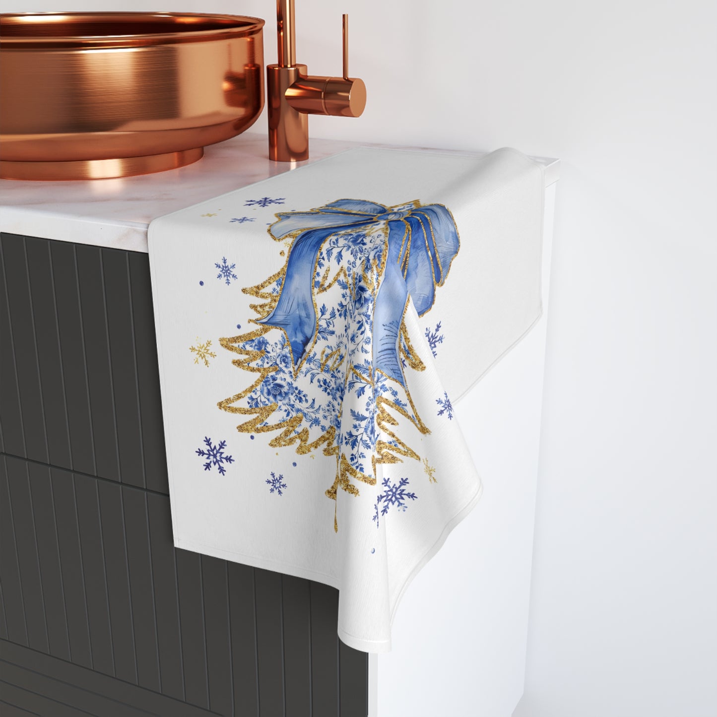 Blue & Gold Christmas Tree Hand Towel — Holiday Kitchen Decor with Bow and Snowflakes