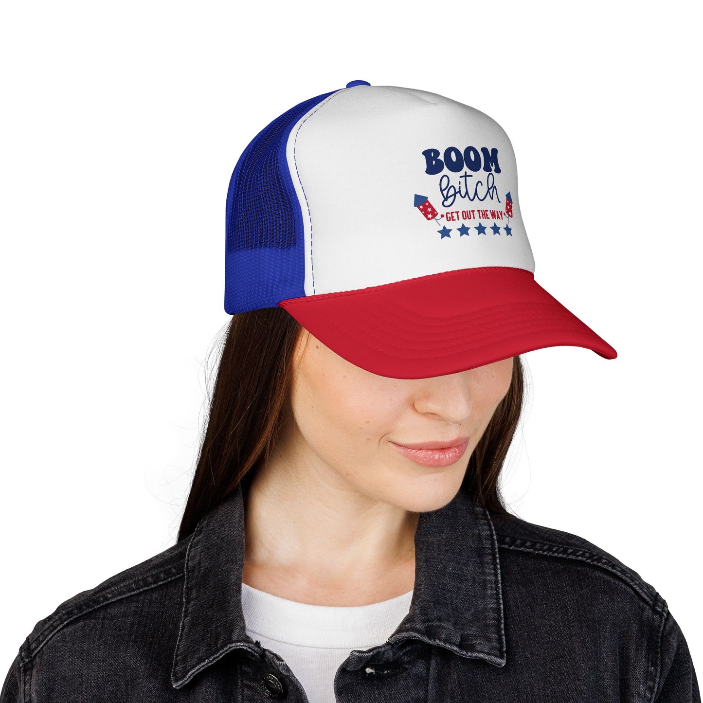 Trucker Cap — "Boom Bitch" Patriotic Fireworks Mesh Hat (4th of July)