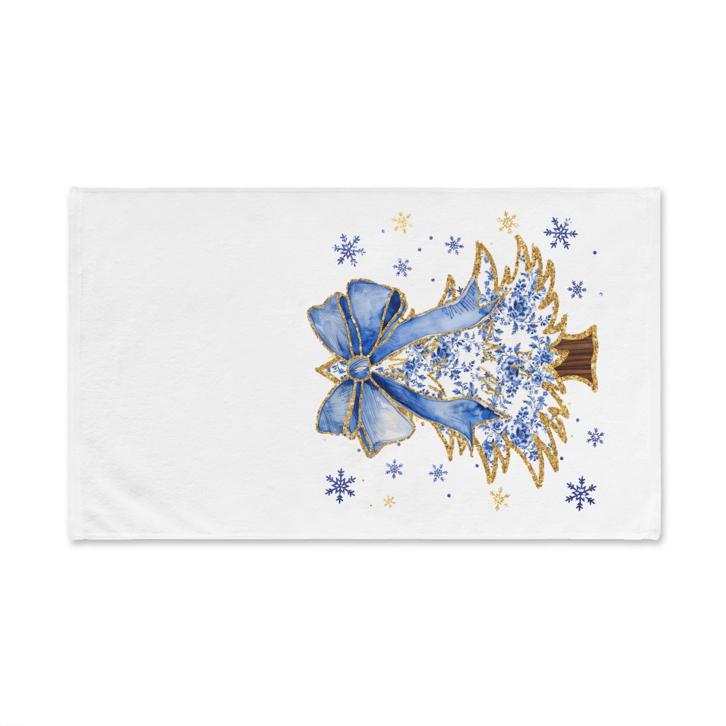Blue & Gold Christmas Tree Hand Towel — Holiday Kitchen Decor with Bow and Snowflakes