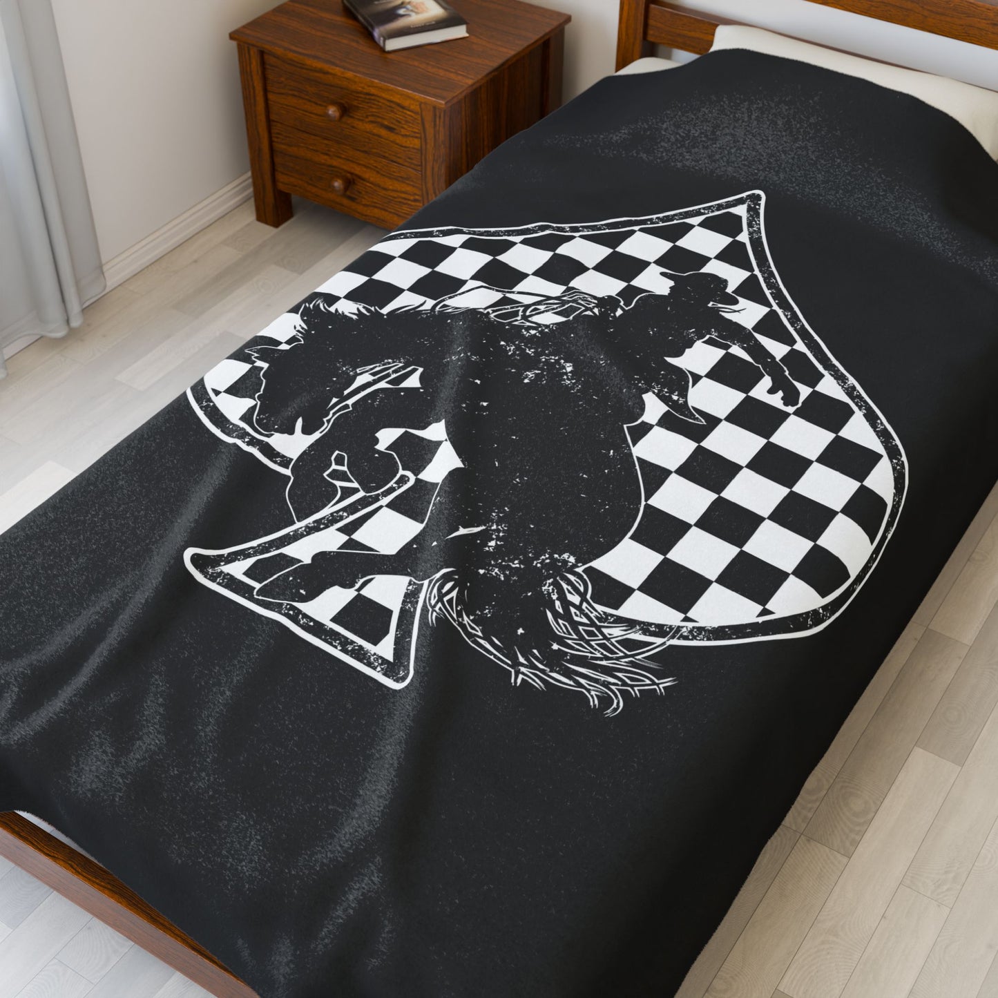 Cowboy on Spade Velveteen Plush Blanket — Western Rodeo Checkered Throw
