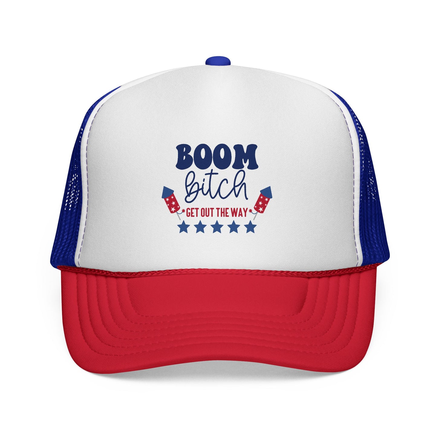 Trucker Cap — "Boom Bitch" Patriotic Fireworks Mesh Hat (4th of July)