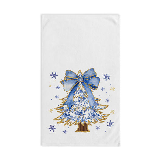 Blue & Gold Christmas Tree Hand Towel — Holiday Kitchen Decor with Bow and Snowflakes