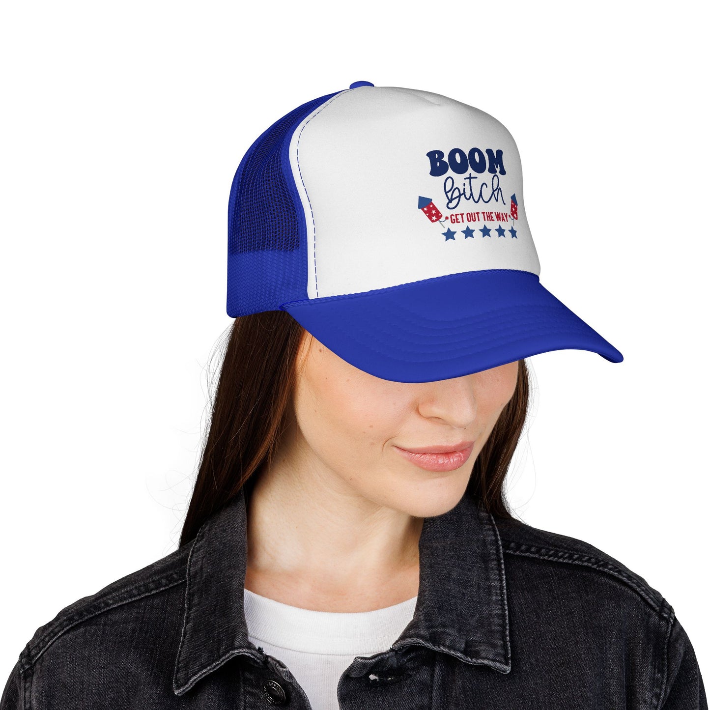 Trucker Cap — "Boom Bitch" Patriotic Fireworks Mesh Hat (4th of July)