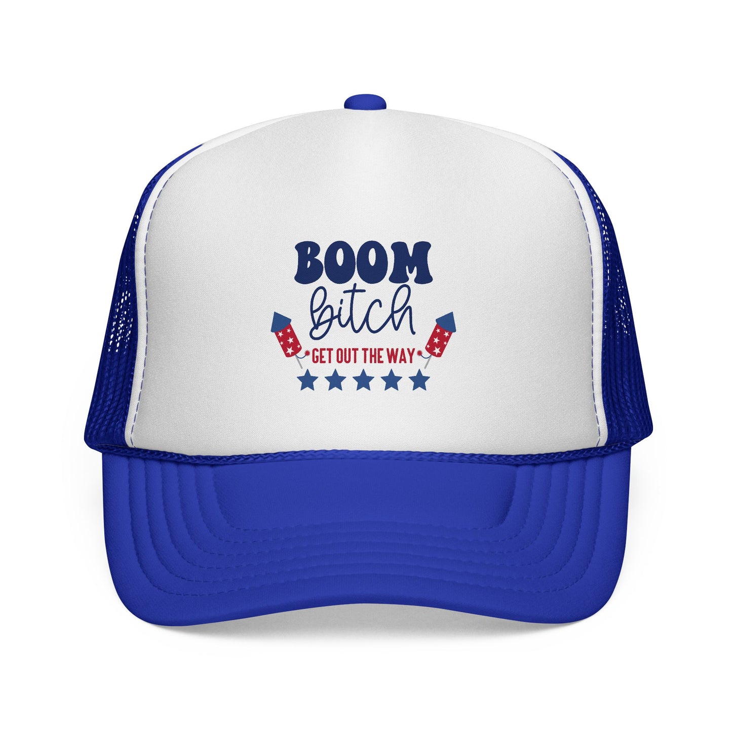 Trucker Cap — "Boom Bitch" Patriotic Fireworks Mesh Hat (4th of July)
