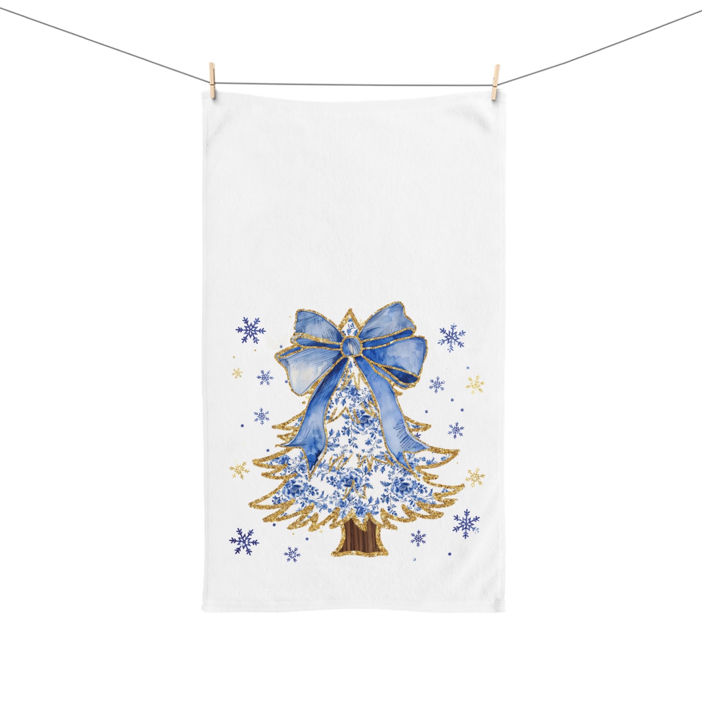 Blue & Gold Christmas Tree Hand Towel — Holiday Kitchen Decor with Bow and Snowflakes