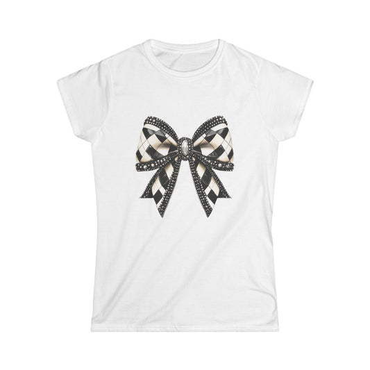 Bow Graphic Tee — Black & White Plaid Ribbon Women's T-Shirt